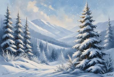 The primary subject of the image is a snow-covered mountain range with trees. The setting is a snowy landscape with a mountain range in the background. The visual style is an illustration or painting, showcasing the beauty of the snowy mountain range and the surrounding trees. The colors and mood are predominantly white and cold, creating a serene and tranquil atmosphere.